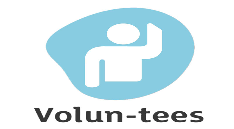 The Volun-tees logo - a blue background with a figure and the word Volun-tees below, in black text