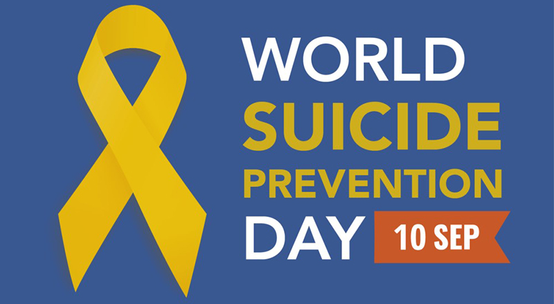 Words 'World Suicide Prevention Day, 10 Sep' on a blue background, with a yellow gold ribbon.