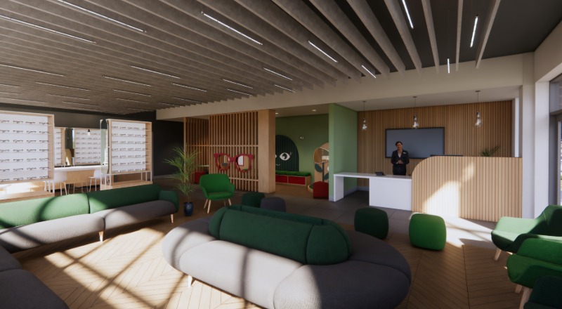 An image of the reception and dispensary at the proposed new optometry facility at Teesside University. Link to An image of the reception and dispensary at the proposed new optometry facility at Teesside University.