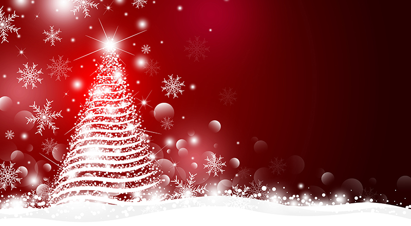 Stylised image of a Christmas tree, snowflakes and baubles. White  image on red background.