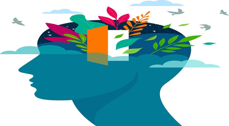 A graphic of a head with an open door, with various images representing thoughts. 