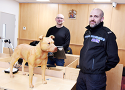 Stewart Dunderdale, Course Assessor from North Yorkshire Police, and Sergeant Mike Smith, from West Yorkshire Police dog section, at Teesside University’s mock courtroom.