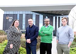 Professor Craig Gaskell (second-left), Pro Vice-Chancellor (Enterprise and Knowledge Exchange) with members of the National Horizon's Centre RESILIENCE project team: (From left) Professor Vikki Rand (Director of the National Horizons Centre), Professor Safwan Akram (Professor of Innovation in Healthcare) and Connor Foster (Senior Bioprocessing Trainer and Training Coordinator)