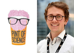 Dr Rhys Williams and Pint of Science logo