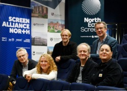 Jonathan Long, Director of the Centre for Visual Arts and Culture, Durham University; Gayle Woodruffe, Operations Director, North East Screen; Ian Fenton, Senior Lecturer in Film & Television Production, Teesside University; Catriona McAvoy, Education Partnerships Manager, North East Screen; Lawrence Brannon, Associate Head of School, Film and Media, Sunderland University; Neil Percival, Co-Director of Cultural Partnerships, Northumbria University
