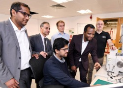 From left, Dr Manu Ramegowda, Professor Sina Rezaei-Gomari, Dr Hareesh Narain Ravindran Meenakumari, Clive Howseman of Saturn Turbo Services, Dr Josiah Balota and SCEDT senior technician Jeff Lawrence