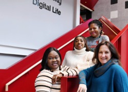 Elizabeth Taylor, Oluwaremilekun Tola-Okunfolami,  Oluwadamilola Justina Aladesuyi-Oyelude, with Myriam Mallet  Principal Lecturer (Learning & teaching) of the School of Computing, Engineering & Digital Technologies. 