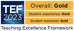 Teaching Excellence Framework (TEF) 2023 logo awarded as Overall, Student Experience and Student Outcomes gold rating
