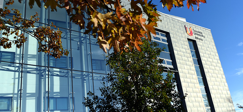 A front view of the Athena building on the univeristy campus