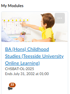 Screenshot of training system showing a student on the BA (Hons) Childhood Studies