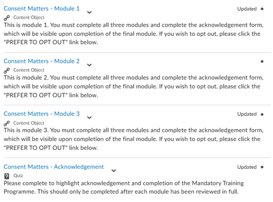 Screenshot of training system showing Consent matters module