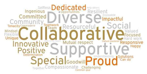 Special, Proud, Diverse, Collaborative, Positive, Social, Impactful, Happy, Responsive, Team work, Committed