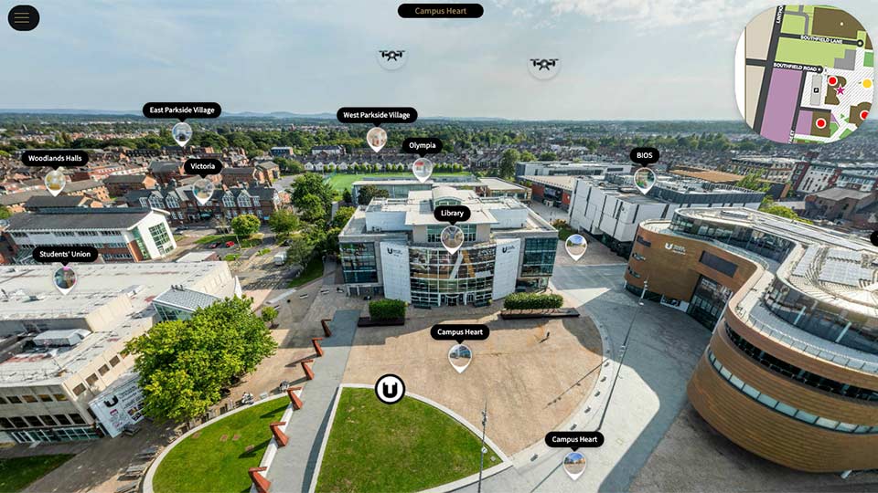 Aerial view of Teesside University campus, including campus heart, the Curve and the Library