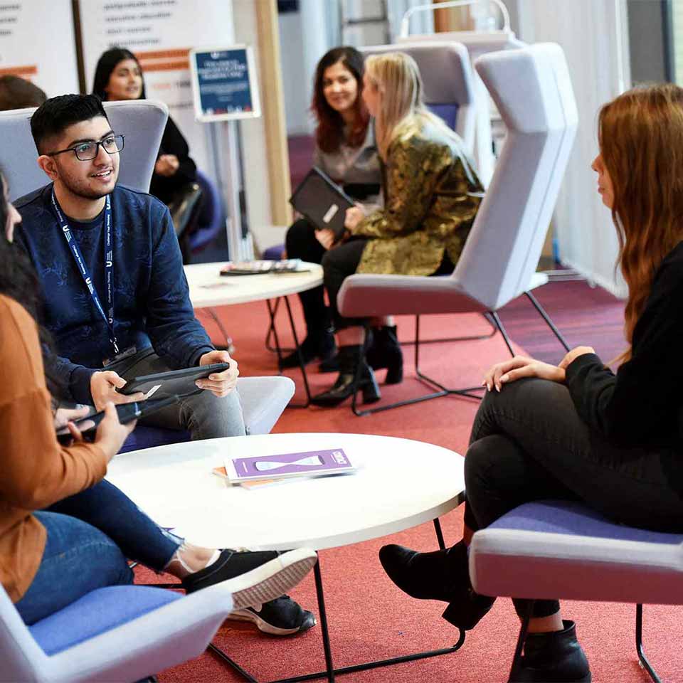 Students in the Student Life building