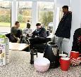 Students sit in a communal kitchen at Parkside Halls