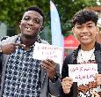 Teesside Calling students in Campus Heart with hello cards