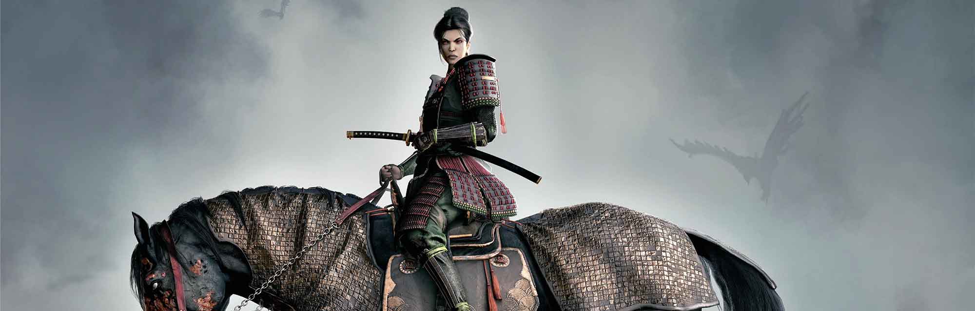 Female samurai riding a zombie horse, games art degree