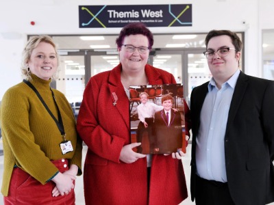 Claire Throssell MBE, with Teesside University law students Joccoaa Gray and Joshua Williams-Muir    . Link to Campaigner calling for change shared her story with law students .