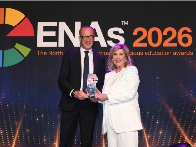 Deputy Vice-Chancellor Professor Mark Simpson and presenter Lucy Meacock. Link to Teesside University celebrates major win at Educate North Awards.