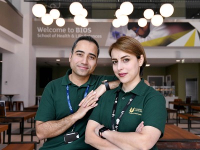 MPharm students Saeed Mirzaei and Mahsa Abadi . Link to Dual qualification launched to prepare pharmacists for the future    .