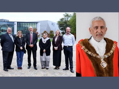 Mayor and Mayoress of Barking and Dagenham with Teesside University staff on campus . Link to From Teesside graduate to Civic Mayor.