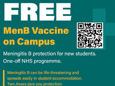 An image advertising a QR code to book a Meningitis B free vaccination. Link to Meningitis B vaccination clinic 24 and 25 Sep.