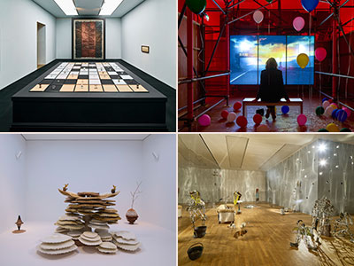 Tanoa Sasraku, Morale Patch. Simeon Barclay, The Ruin. Marguerite Humeau, Torches. Kira Freije, Unspeak the Chorus. Turner Prize 2026 installation view at MIMA, Middlesbrough Institute of Art. Photo David Levene. Link to Turner Prize 2026 Exhibition opens in Middlesbrough.