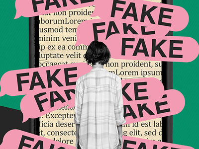 A graphic of a person standing in front of a news item with the words fake posted across the image. Link to Fact or Fake? Shout out workshop - 5 November.