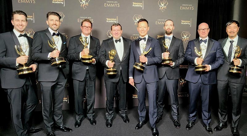 Nick Marshall, pictured far left, with some of the Emmy winning team