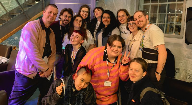 Teesside University students Elizabeth and Faiza pictured fifth and sixth from the back left respectively alongside other fellows (Credit: Sanne Gault for Alchemy Film & Arts)