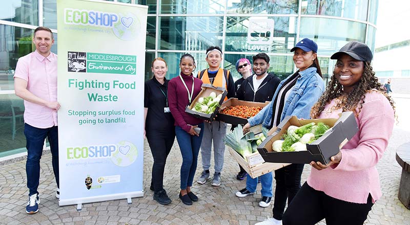 Stephen Goodall (far left), Social Responsibility Officer at Teesside University, and Lisa Harris (second-left), Eco-Shop Coordinator at Middlesbrough Environment City, with student volunteers at the new pop-up eco shop being run in the students’ union in partnership with Middlesbrough Environment City.