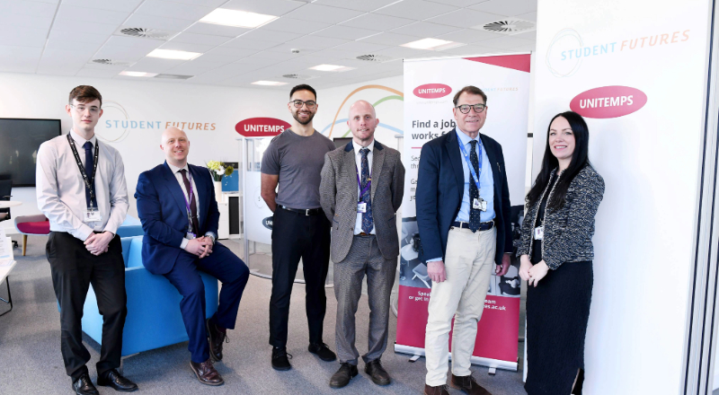 Pictured: Katie Kendall & Adam Campbell from Unitemps Teesside, Teesside University Postgraduate Taught Masters in Physiotherapy Student Serge Saba, Outwood Academies Trust staff George Edwards & Stephen Wells and Oliver Harness, Senior Lecturer in Education at Teesside University.