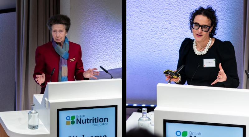 HRH The Princess Royal speaking at the British Nutrition Foundation conference(left) and Professor Amelia Lake speaking at the same event (right).