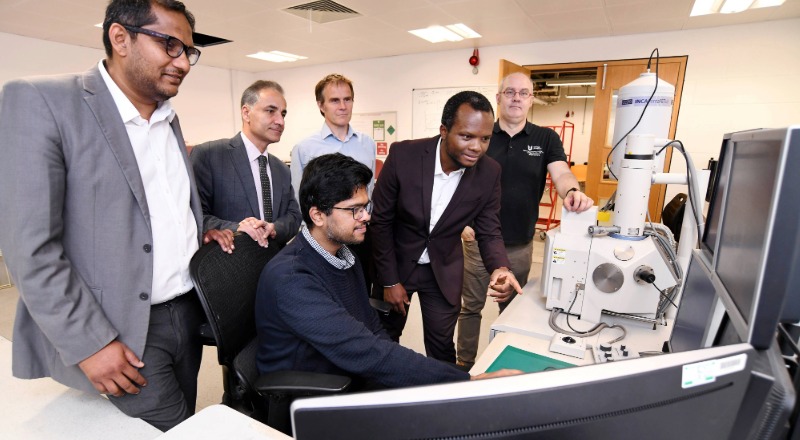 From left, Dr Manu Ramegowda, Professor Sina Rezaei-Gomari, Dr Hareesh Narain Ravindran Meenakumari, Clive Howseman of Saturn Turbo Services, Dr Josiah Balota and SCEDT senior technician Jeff Lawrence
