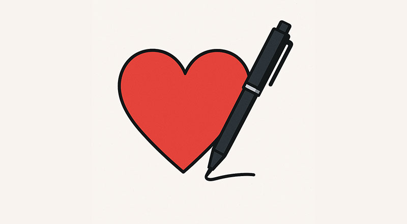 Picture of a heart and pen. Link to LGBTQ+ History Month Creative Writing:  The chemistry of chosen family.