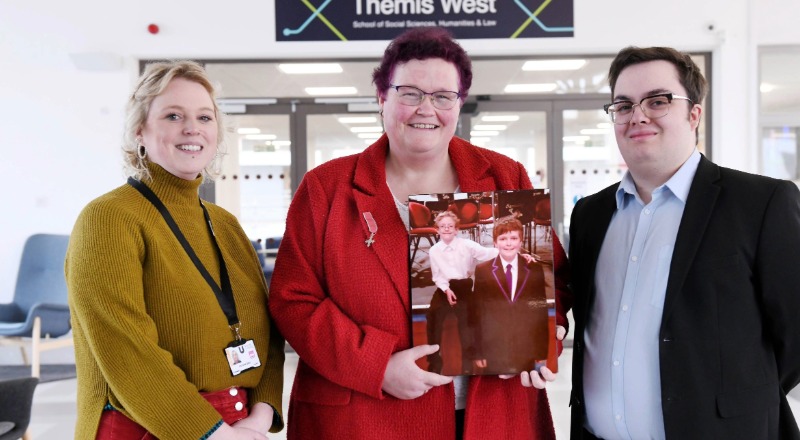 Claire Throssell MBE, with Teesside University law students Joccoaa Gray and Joshua Williams-Muir    . Link to Campaigner calling for change shared her story with law students .