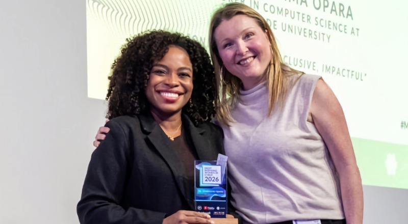 Dr Chidimma Opara (left) receiving her accolade at the Most Inspiring Women in Cyber 2026 awards