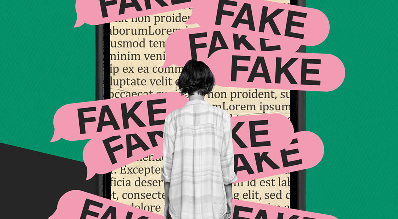 A graphic of a person standing in front of a news item with the words fake posted across the image