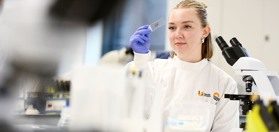 Female scientist working in a laboratory setting, focused on scientific research