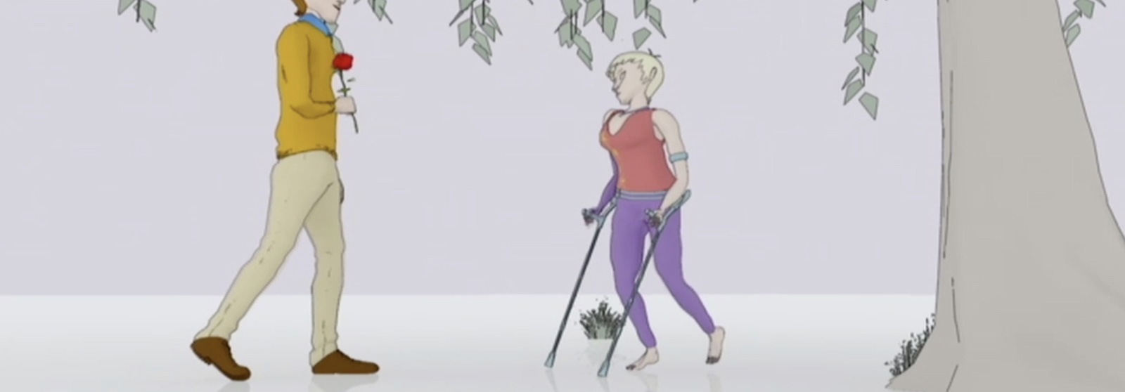 Illustration of people with different disabilities, including a woman using crutches, highlighting diversity and inclusion
