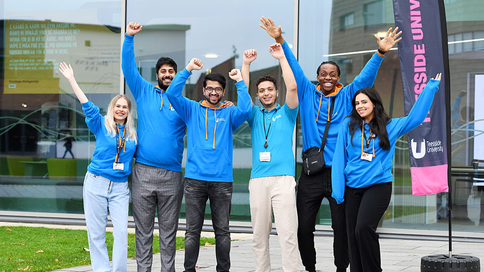 Teesside University student ambassadors at an open day in front of the Student Life Building